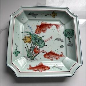 Beautiful Vintage hand painted Celadon / Porcelain koi fish decorative plate